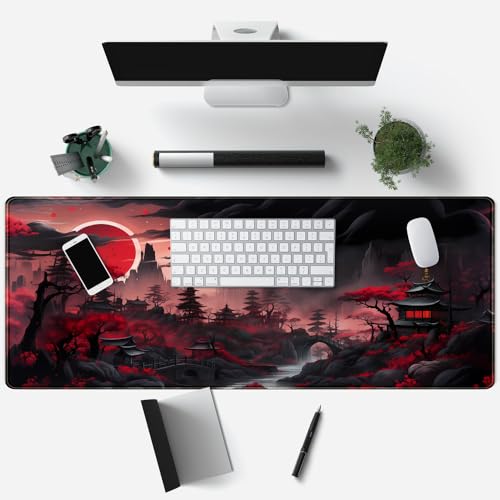 Riverside Full Moon Desk Pad Black Red Desk Mat Japanese Anime Extended XXL Keyboard Pad for Desk Gaming Computer Laptop Office Mouse Pad with Stitched Edges Non-Slip Large Computer Mat 31.5x11.8 in - color: Red Night