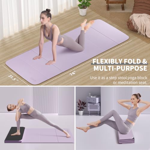 Foldable Yoga Mat Extra Large 74"×31.5" | Double-Sided Non-Slip,Extra Wide Foldable Design,8mm Extra Thick,Exercise Mat for Home, Studio and Travel Use - color: Light Purple+Black