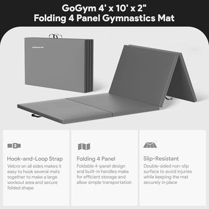 BalanceFrom 2-Pack 10x4 Feet 4-Panel Folding Gymnastics Mat, Gray – 2-Inch Thick Pad with Vinyl Surface and Carrying Handles for Tumbling, Yoga, Pilates, Home Workouts, and Martial Arts