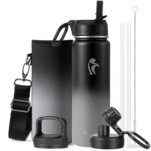 Coolflask 24 oz Insulated Water Bottle with Straw & 3 Leakproof Lids - color: Piano Night, size: 24 Ounces