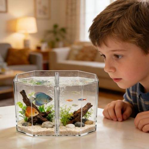Alipis Octagonal Acrylic Betta Fish Breeding Box with Dual Compartments, High Transparency Isolation Hatchery Tank for Small Tropical Fish, Desktop Aquarium Separation Container