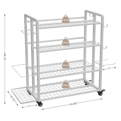 4-Tier Weight Rack for Home Gym with Wheels and Hooks - size: Large White