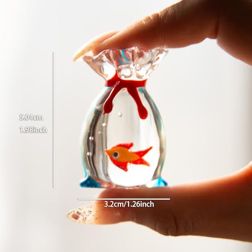Hand-Blown Glass Goldfish in Bag Figurine, 2" Miniature Red/Orange Fish with Clear Water Texture, Cute Lampwork Animal Sculpture, Kawaii Desk Accessory & Aquarium Decor