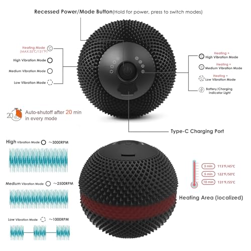 Heating Vibrating Massage Ball with 7 Modes & Memory Function | Electric Massage Ball with Recessed Button Design for Myofascial Release, Deep Tissue & Trigger Point Therapy (Black)