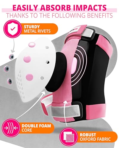 SKATEWIZ Skateboard Pads Protective Gear Set for Kids and Adults - Smash - Roller Skate Pads [6pc] with Wrist Guards - Skating Protective Gear - Roller Derby - color: Pink White, size: L - Teens/Adults