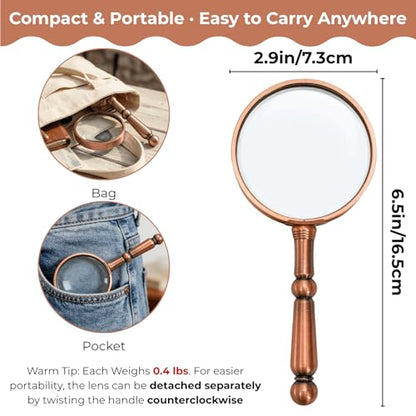 2 Pcs 6X Antique Magnifying Glass for Reading, Handheld Magnifier with Metal Handle, Portable Magnifying Lens for Books and Newspaper, Science Class, Observation