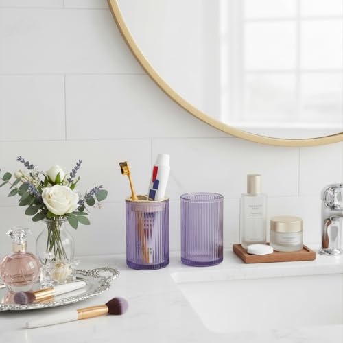 Toothbrush Holders for Bathrooms, 2pcs Purple Glass Toothbrush Holder, Bathroom Toothbrush Cup and Toothpaste Holder with Gold Divider, Tooth Brush and Toothpaste Organizer for Countertop - color: Purple Gold