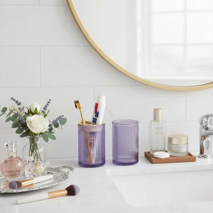 Toothbrush Holders for Bathrooms, 2pcs Purple Glass Toothbrush Holder, Bathroom Toothbrush Cup and Toothpaste Holder with Gold Divider, Tooth Brush and Toothpaste Organizer for Countertop - color: Purple Gold
