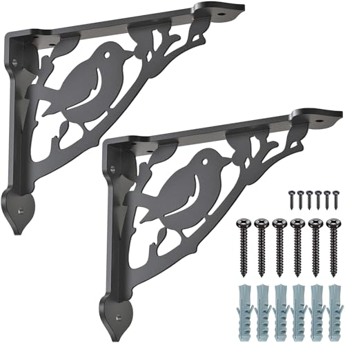 SELEWARE Heavy Duty Shelf Brackets 12 Inch, Bird Shelves Brackets, 300LB Capacity Decorative Metal L Brackets for Floating Shelves, Black Rustic Wall Mount Shelving Bracket with Screws, 2 Pack