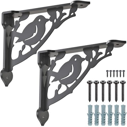 SELEWARE Heavy Duty Shelf Brackets 12 Inch, Bird Shelves Brackets, 300LB Capacity Decorative Metal L Brackets for Floating Shelves, Black Rustic Wall Mount Shelving Bracket with Screws, 2 Pack