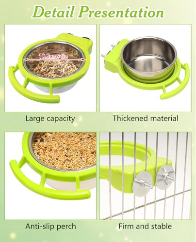 2 PCS Bird Feeding Dish Cups with Perch Stand Hanging Stainless Steel Bird Bowls Food Container Food and Water Bowls with Spoon for Budgie Cockatoo Finch Lovebirds Pigeons (Green&White)