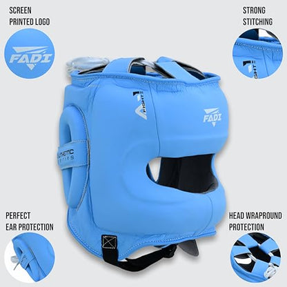A1 Boxing Sparring Headgear – Face Saver Head Guard with Nose Protection, Cowhide Leather Boxing Headgear for MMA, Muay Thai & Kickboxing Training - color: Blue, size: Small-Medium
