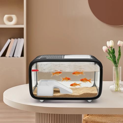 Desktop Fish Tank, 3.17 Gal Modern Aquarium Kit, Fish Bowl with Clear View Cover, Top Feeding Hole and Built-in Climbing Frame, for Small Aquatic Pets, Turtles, Shrimp Home Office Use