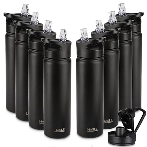 HASLE OUTFITTERS Insulated Water Bottle 22 oz Double Wall Stainless Steel Water Bottle Wide Mouth with Straw Lid & Spout Lid Keeps Cold or Hot(Black,8) - color: Black, size: 22oz- 8 Pack