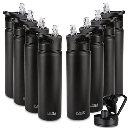 HASLE OUTFITTERS Insulated Water Bottle 22 oz Double Wall Stainless Steel Water Bottle Wide Mouth with Straw Lid & Spout Lid Keeps Cold or Hot(Black,8) - color: Black, size: 22oz- 8 Pack