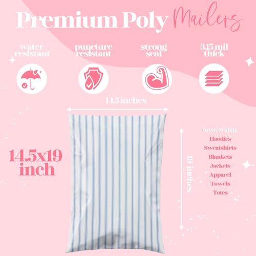 14.5x19 Designer Poly Mailer 100 Pack Heavy Duty Waterproof Self Seal Shipping Bags for Small Business Large Mailing Envelopes Bulk Tear Resistant Packaging Blue Stripe - color: Blue Stripes, size: 14.5x19