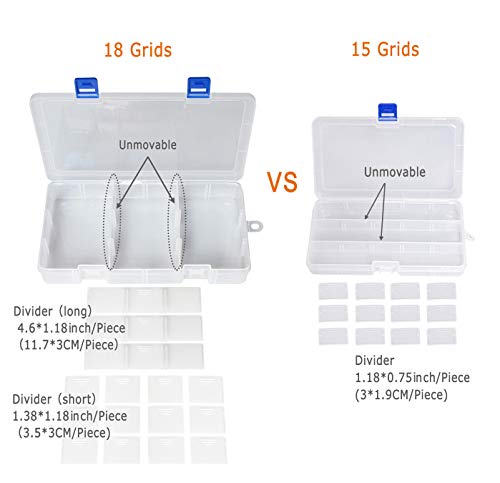Qualsen 2 Pack 18 Grid Clear Plastic Bead Organizer Box with Adjustable Dividers, Tackle Box Organizer for Beads Jewelry Art Craft Earrings Nail Fishing Tackle and Small Items