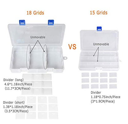 Qualsen 2 Pack 18 Grid Clear Plastic Bead Organizer Box with Adjustable Dividers, Tackle Box Organizer for Beads Jewelry Art Craft Earrings Nail Fishing Tackle and Small Items