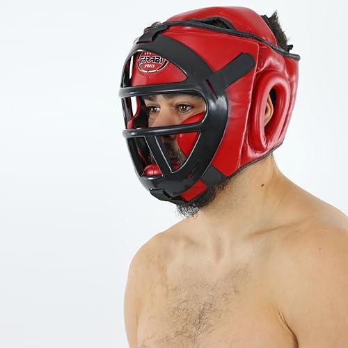 Farabi Sports Boxing Headgear Grill Head Gear MMA Training Kickboxing Sparring Gear Removable Front Bar Grill - color: Red, size: Small
