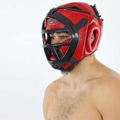 Farabi Sports Boxing Headgear Grill Head Gear MMA Training Kickboxing Sparring Gear Removable Front Bar Grill - color: Red, size: X-Large