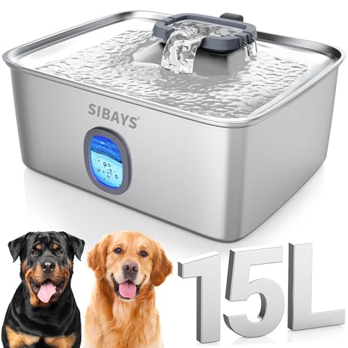 4Gal/15L Large Dog Water Fountain, Stainless Steel Pet Fountain with Water Window & LED Light, Ultra Quiet Automatic Dog Water Bowl Dispenser for Large Dogs & Multi-pet, Easy to Clean FS76