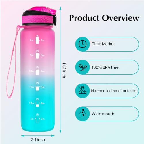 EYQ 32oz Water Bottle with Straw, Time Marker, Blue Purple - color: 2.Fuschia/Green Gradient