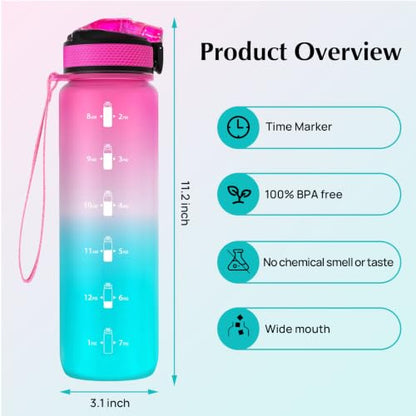 EYQ 32oz Water Bottle with Straw, Time Marker, Blue Purple - color: 2.Fuschia/Green Gradient