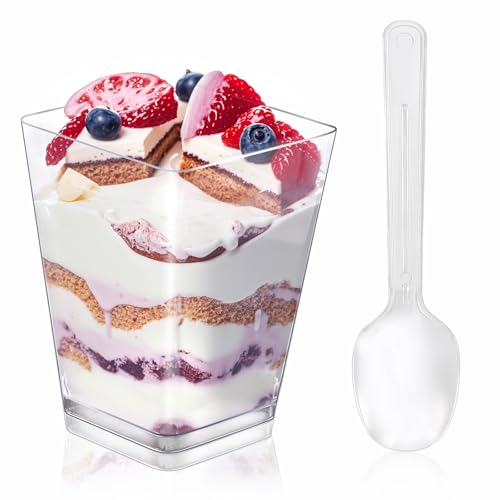 50 Pack Dessert Cups with Spoons, 5oz Plastic Yogurt Parfait Cups, Mini Square Dessert Cups with Spoons, Transparent Dessert Shooter Cups for Pudding, Mousse, Fruit, Dessert and Ice Cream