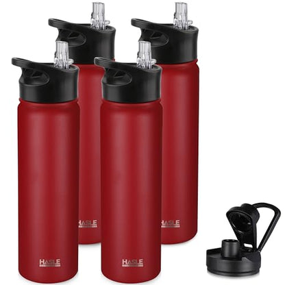 HASLE OUTFITTERS Insulated Water Bottle 22 oz Double Wall Stainless Steel Water Bottle Wide Mouth with Straw Lid & Spout Lid Keeps Cold or Hot(Red,4) - color: Red, size: 22oz- 4 Pack