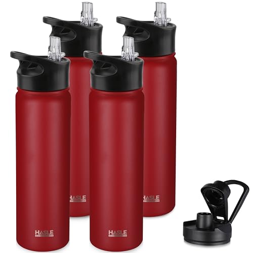 HASLE OUTFITTERS Insulated Water Bottle 22 oz Double Wall Stainless Steel Water Bottle Wide Mouth with Straw Lid & Spout Lid Keeps Cold or Hot(Red,4) - color: Red, size: 22oz- 4 Pack