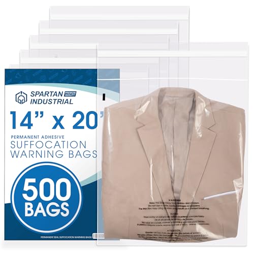 Spartan Industrial - 14" X 20" (500 Count) Self Seal Clear Poly Bags with Suffocation Warning for Packaging, Clothes - Permanent Adhesive - size: 14" x 20"