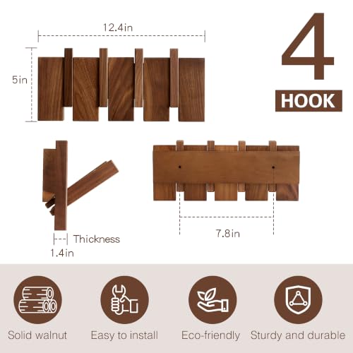 QUELLANCE Wooden Coat Hooks Wall Mounted, Coat Rack Hanger Wall Mount with 4 Hooks, Heavy Duty Coat Hooks for Hanging Coats/Keys/Hats/Robe&Towels/Plants/Bags, Home Decor Gift, Walnut - size: 4 Hooks
