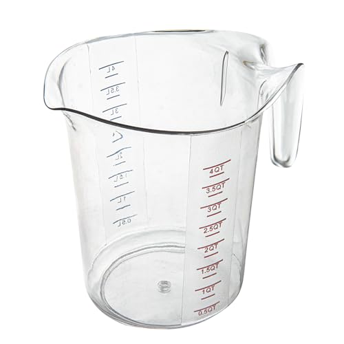 Restaurantware RW Base 4 Quart Measuring Jar 1 Durable Measuring Beaker - Metric And Imperial Units V-Shaped Spout Clear Plastic Measuring Cup Handle With Thumb-Grip Tolerates Up To 248F - color: Clear, size: 9.50" × 7.25" × 9.50"