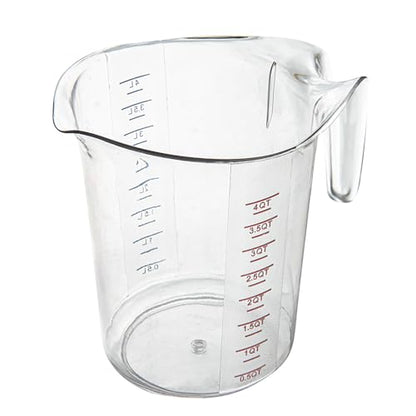 Restaurantware RW Base 4 Quart Measuring Jar 1 Durable Measuring Beaker - Metric And Imperial Units V-Shaped Spout Clear Plastic Measuring Cup Handle With Thumb-Grip Tolerates Up To 248F - color: Clear, size: 9.50" × 7.25" × 9.50"