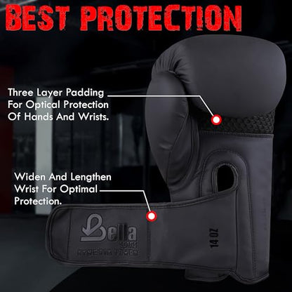 Bella Boxing Gloves - Pro Training & Sparring Gloves, Maya Hide Leather, Men Women Adult, Muay Thai MMA Kickboxing Workout, Heavy Punching Bag & Focus Mitts, Multi Layer Padding, Ventilated Palm - color: Black, size: 14oz