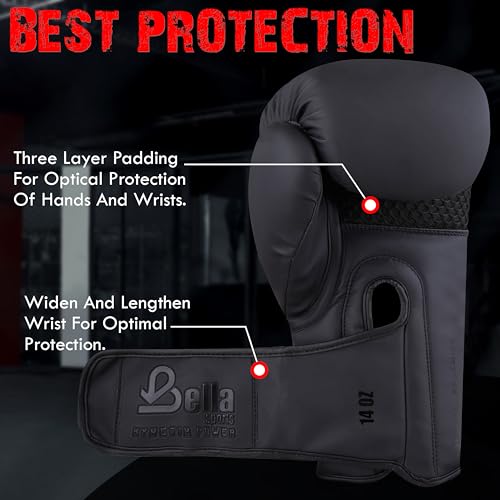 Bella Boxing Gloves - Pro Training & Sparring Gloves, Maya Hide Leather, Men Women Adult, Muay Thai MMA Kickboxing Workout, Heavy Punching Bag & Focus Mitts, Multi Layer Padding, Ventilated Palm - color: Black, size: 16oz