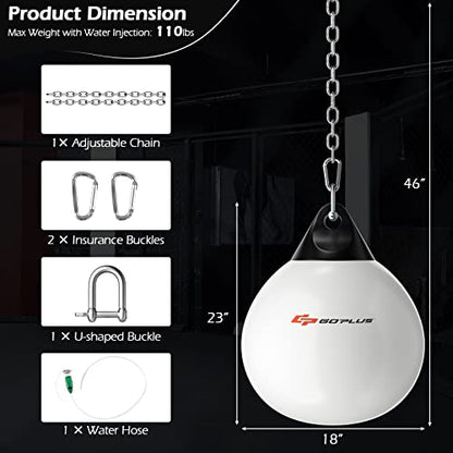 Goplus Water Aqua Bag, 21'' 180 Pound /18” 110 Pound Heavy Punching Bag with Adjustable Metal Chain, Water Injection Hose, Boxing Training Bag for Adults Fitness, MMA - style: White-18”, 110LBS