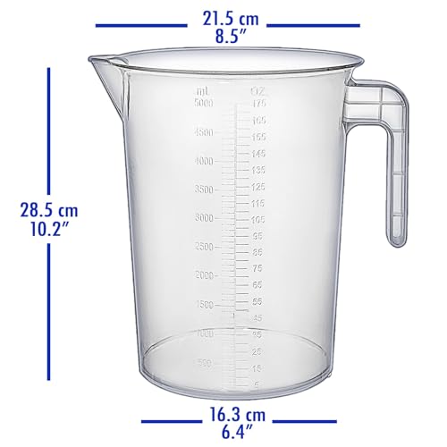 5 Liter Measuring Pitcher | 1.3 Gallon Shatterproof Plastic Large Graduated Mixing Pitchers, 1 to 2 Gallons (5L, 5000ml) - size: 5000ml (Single)