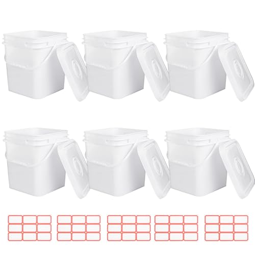 6 Pcs 3.5 Gallon Square Bucket with Plastic Handles and Lid White Lightweight Square Bucket Pail for Storing Charcoal,Dry Food, Fishing, Camping
