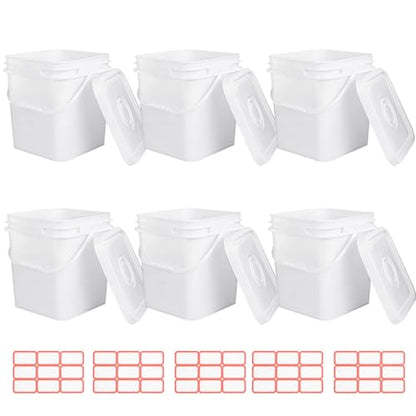 6 Pcs 3.5 Gallon Square Bucket with Plastic Handles and Lid White Lightweight Square Bucket Pail for Storing Charcoal,Dry Food, Fishing, Camping