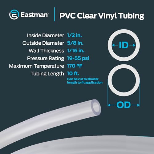 Eastman 1/2 Inch ID (5/8 Inch OD) PVC Clear Vinyl Tubing,10 Foot Length,98568,(Pack of 10) - size: 1/2 in. ID x 5/8 in. OD (Pack of 10), style: 10 Ft.
