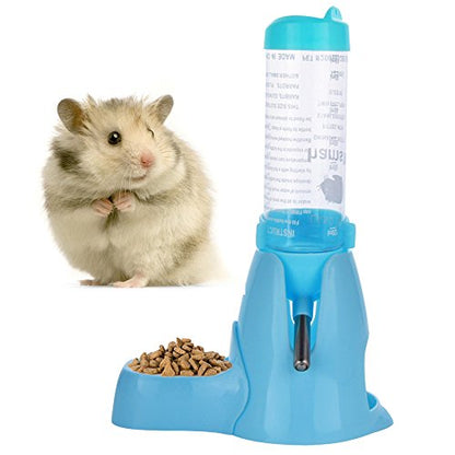 Guardians Hamster Water Bottle, Little Pet Automatic Drinking Bottle with Food Container Base Hut Hanging Water Feeding Bottles Auto Dispenser for Small Animals(125ml,Blue)