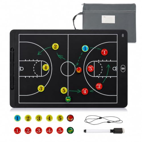 Electronic LCD Basketball Coaching Board, 15" Magnetic Strategy Board | Magnetic Player Pieces, Quick Erase LCD Screen, Dual-Sided Board for Basketball Strategy, Plays and Coaching