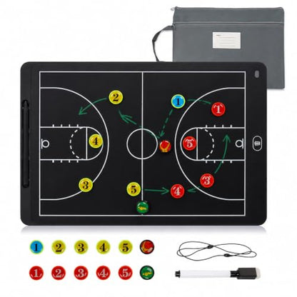 Electronic LCD Basketball Coaching Board, 15" Magnetic Strategy Board | Magnetic Player Pieces, Quick Erase LCD Screen, Dual-Sided Board for Basketball Strategy, Plays and Coaching