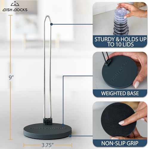 Tumbler Lid Organizer for Cabinet & Countertop - Slim Space-Saving Lid Holder with 9" Sturdy Bar & Weighted, Non-Slip Base - Vertical Storage Cup Lid Organizer - Collapsible Lid Rack for 10 Lids