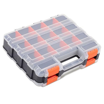 Small Parts Organizer, 34 Compartments Double Side Tool Box with Removable Dividers and Transparent Lid, Plastic Tackle Box Organizer for Hardware, Screws, Bolts, Nails, Nuts, Beads, Jewelry, Orange
