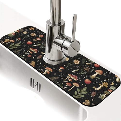 Kitchen Sink Splash Guard，small mushrooms flowers-1 Faucet Mat Sink Gadgets-Super Absorbent Fast Drying Mat Drip Catcher for Kitchen, Bathroom,Sink Mat, Dish Drying Mat, Bathroom(15" X 5.5" ) - color: small mushrooms flowers-1