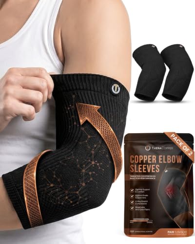 TheraCopper Copper Elbow Compression Sleeve for Men & Women (Small, 2 Pack) - size: Small