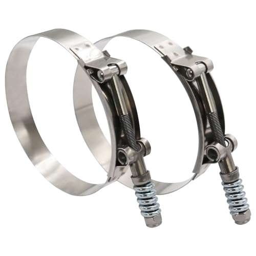 4.5" T Bolt Hose Clamp Spring Loaded Stainless Steel - Working Range 121-129mm for 4.5" I.D. Hose with 3mm - 6mm Wall Thickness, Auto-adjusting maintain Constant Clamping Force (121-129mm, 2 Pack) - size: 4.5" Hose Clamp 121mm - 129mm (4.76" - 5.08")