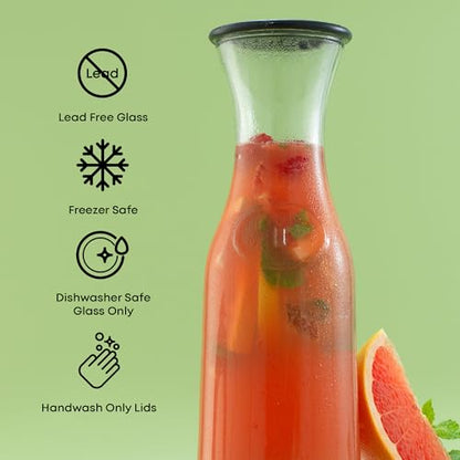 JoyJolt Glass Carafe with Lid, Set of 3 – 1 Liter Glass Pitcher for Mimosa Bar, Water, Iced Tea, Juice, Wine, Lemonade, Milk – Dishwasher Safe Beverage Drink Dispensers for Brunch, Parties